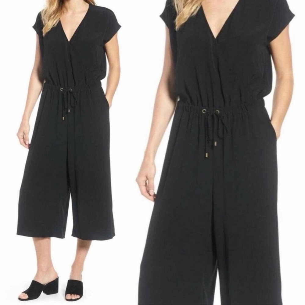 Eileen Fisher Jumpsuit Black Tencel Ankle Wide Leg Pocket Lagenlook Women Sz XXS